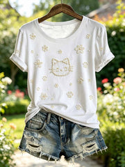 Damenmode Freizeit-T-Shirt mit Katzenmuster-Druck