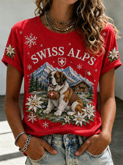 Damen-T-Shirt mit kurzen Ärmeln und Print-Elementen von schneebedeckten Bergen, Tieren und Blumen