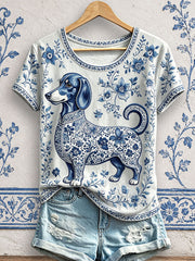 Damen-T-Shirts mit Blumen- und Hundeprint