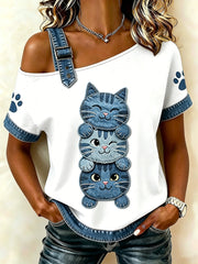 Damen-T-Shirt mit tierischem Katzen-Print, im Vintage-Stil, modisch und weit geschnitten, mit kurzen Ärmeln