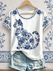 Damen-T-Shirts mit Blumen- und Katzenmuster