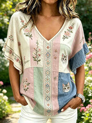 Damenmode Freizeit-T-Shirt mit Katzenmuster-Druck