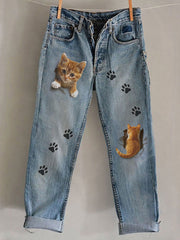 Damen-Hosen mit Katzenkunstdruck, lässig
