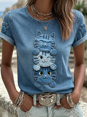 Damen-T-Shirt mit tierischem Katzen-Print, im Vintage-Stil, modisch und weit geschnitten, mit kurzen Ärmeln