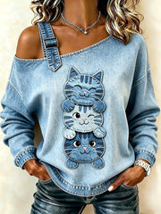 Damen-Sweatshirt mit tierischem Katzen-Print, einseitig schulterfrei, lässiger Stil