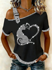 Damen-Casual-T-Shirt mit Katzenmuster