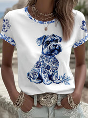 Damen-T-Shirt im chinesischen Stil mit Tiermotiv und Blau-Weiß-Porzellan-Print