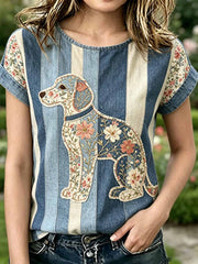 Damenmode Lässiges T-Shirt mit Hunde-Print
