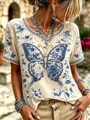 Damen-T-Shirts mit Pflanzen-, Blumen- und Schmetterlingsmuster