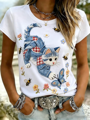Kurzarm-T-Shirt mit Niedlichem Katzen druck für Damen