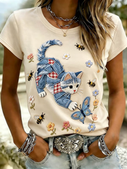 Kurzarm-T-Shirt mit Niedlichem Katzen druck für Damen