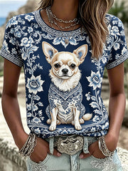 Damen-T-Shirts mit Blumenmuster und Hundemotiv