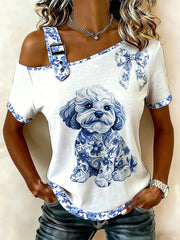 Damen-T-Shirt im chinesischen Stil mit Tiermotiv und Blau-Weiß-Porzellan-Print