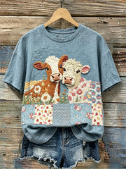 Damen-Vintage-Linien-T-Shirt mit Blumen- und Patchwork-Print und Kuhmotiv