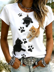 Damen-T-Shirt mit niedlichem Katzen-Print und kurzen Ärmeln