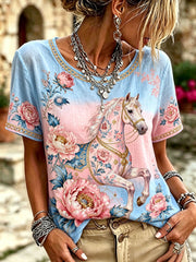 Damen T-Shirts mit Blumen-und Pferde druck