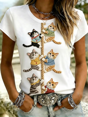 Damen-T-Shirt mit niedlichem Katzen-Print und kurzen Ärmeln