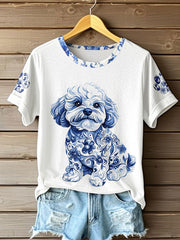Damen-T-Shirt im chinesischen Stil mit Tiermotiv und Blau-Weiß-Porzellan-Print