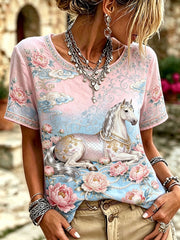 Damen-T-Shirts mit Blumen- und Pferdemotiv