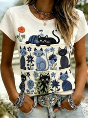 Damen-T-Shirt mit niedlichem Katzen-Print und kurzen Ärmeln