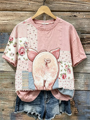 Damen-T-Shirt aus Leinen mit Blumen-Patchwork-Print und Rückenansicht eines Schweins im Cottage-Stil