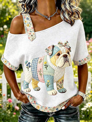 Damenmode Lässiges T-Shirt mit Hunde-Print