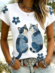 Damen-T-Shirt mit niedlichem Katzen-Print und kurzen Ärmeln