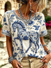 Damen-T-Shirts mit Blumen- und Pferdemotiv