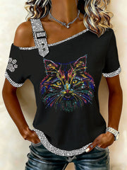Damen-Casual-T-Shirt mit Katzenmuster