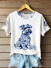 Damen-T-Shirt im chinesischen Stil mit Tiermotiv und Blau-Weiß-Porzellan-Print