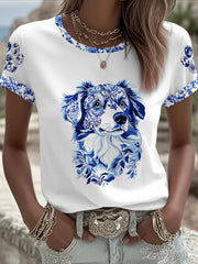 Damen-T-Shirt im chinesischen Stil mit Tiermotiv und Blau-Weiß-Porzellan-Print