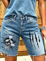 Kurze Damen-Jeans mit tierischem Kunst-Druck