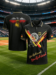 Herren-Poloshirt in Schwarz mit deutschem Fußball-Print, lässig und im Retro-Stil