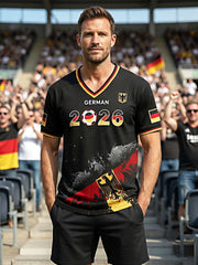 Herren-T-Shirt 2026 schwarz Fußball Deutschland-Print lässig V-Ausschnitt