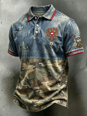 Vintage österreichisches Adler-Tarnmuster-Patchwork-Casual-Poloshirt