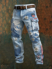 Herren-Cargohose im Retro-Stil mit Schneegebirgslandschaft
