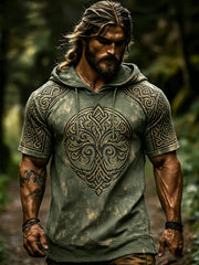 Herren-Kapuzenpullover im Retro-Viking-Style mit Aufdruck, lässig, kurzärmlig