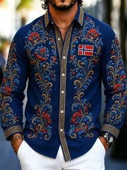 Herren-Retro-Hemd im nordischen Stil mit norwegischem Kunstdruck aus Baumwolle und Leinen, lässig geschnitten