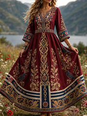 Damenkleid im Retro-Stil nach skandinavischer Art aus Baumwolle und Leinen mit norwegischem Kunstdruck