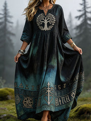 Damenkleid aus Leinen mit nordischer Kunst im Wikingerstil bedruckt