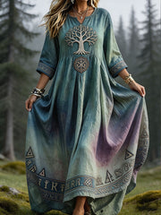 Damenkleid aus Leinen mit nordischer Kunst im Wikingerstil bedruckt