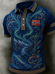 Herren-Poloshirt im Retro-Nordic-Stil mit norwegischem Kunstdruck, lässig geschnitten