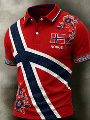 Herren-Poloshirt im Retro-Nordic-Stil mit norwegischem Kunstdruck, lässig geschnitten