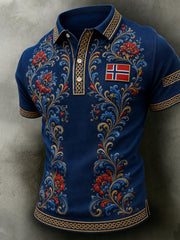 Herren-Poloshirt im Retro-Nordic-Stil mit norwegischem Kunstdruck, lässig geschnitten