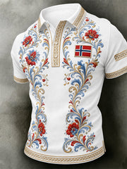 Herren-Poloshirt im Retro-Nordic-Stil mit norwegischem Kunstdruck, lässig geschnitten