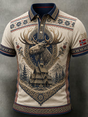 Herren-Poloshirt im Retro-Nordic-Stil mit norwegischem Kunstdruck, lässig geschnitten