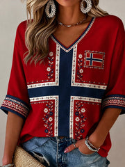 Damen Retro nordischer Stil Norwegisches Kunstdruck lässiges Oberteil aus Baumwolle und Leinen