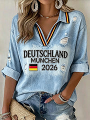 Damen-T-Shirt aus deutscher München-Denim mit Print, lässig, V-Ausschnitt