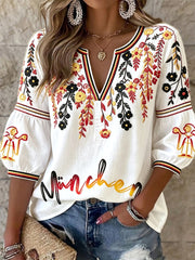 Damen-3D-Blumenprint-Casual-T-Shirt aus Baumwolle-Leinen mit V-Ausschnitt, München-Style, deutsch