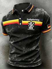 Herren-Poloshirt in Schwarz mit Retro-München-Streifen, lässiger Stil
